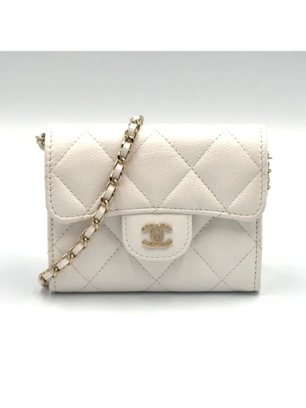 Chanel Quilted Mini Chain Random Caviar Leather White Wallet Gold